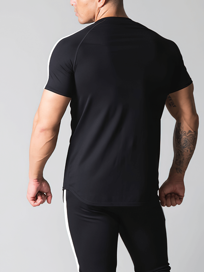 Back view of a man wearing a black running cotton t-shirt with striped sleeves, showcasing fit and style for active men.
